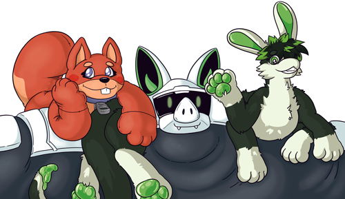 Illustration of the Software Bundle system members fursonas. A very large robot bat in the centre (Bloatware), with an amphimorpho wrapped partially around its neck (beeps) and a squirrel plushsuit leaning on both of them (Olive).